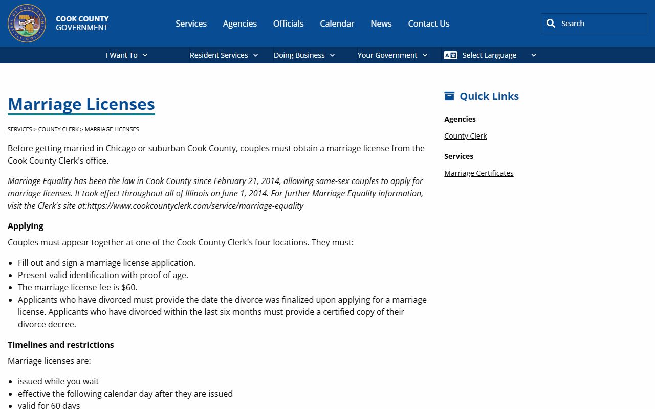 Cook County Clerk marriage license page for Chicago applicants