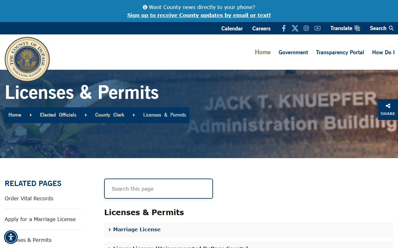 DuPage County Clerk marriage license application page