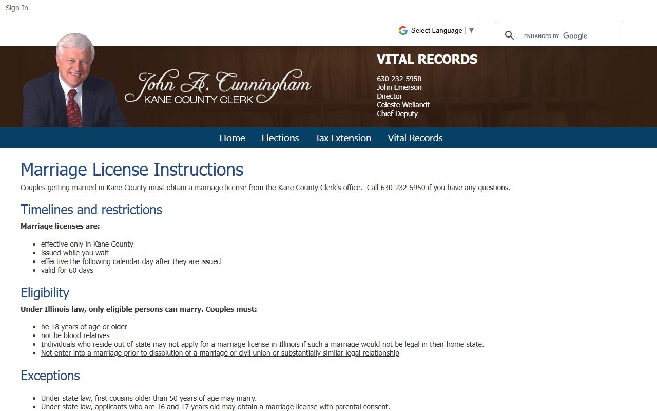 Kane County Clerk marriage license information page