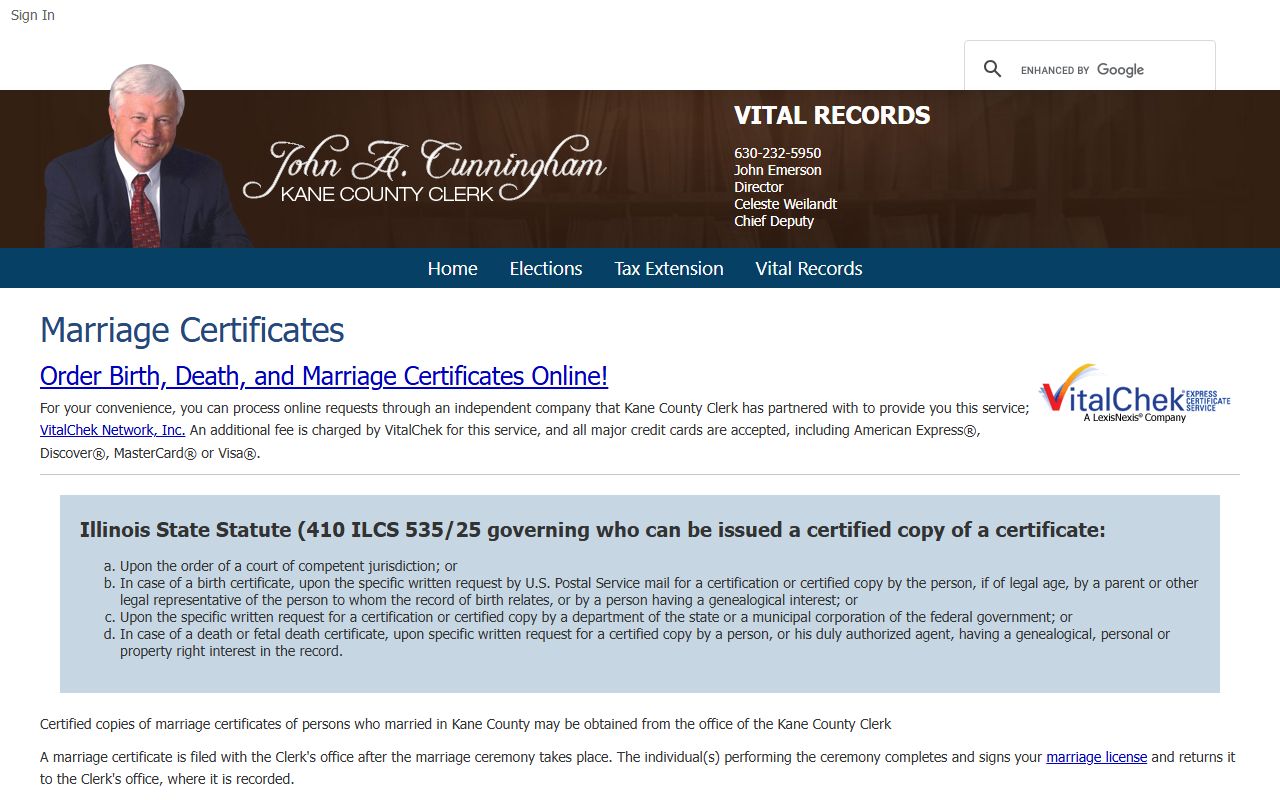 Kane County Clerk marriage certificate ordering page