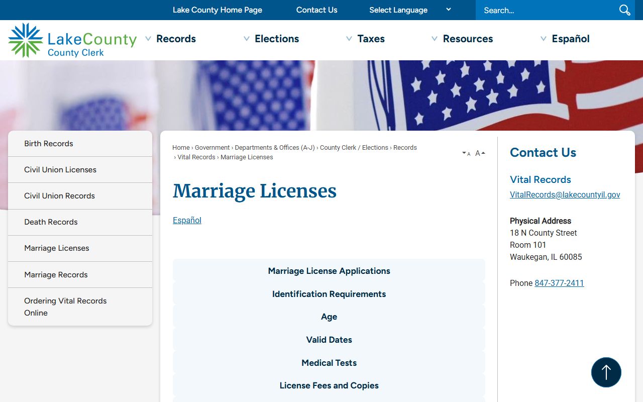 Lake County Clerk marriage license information page