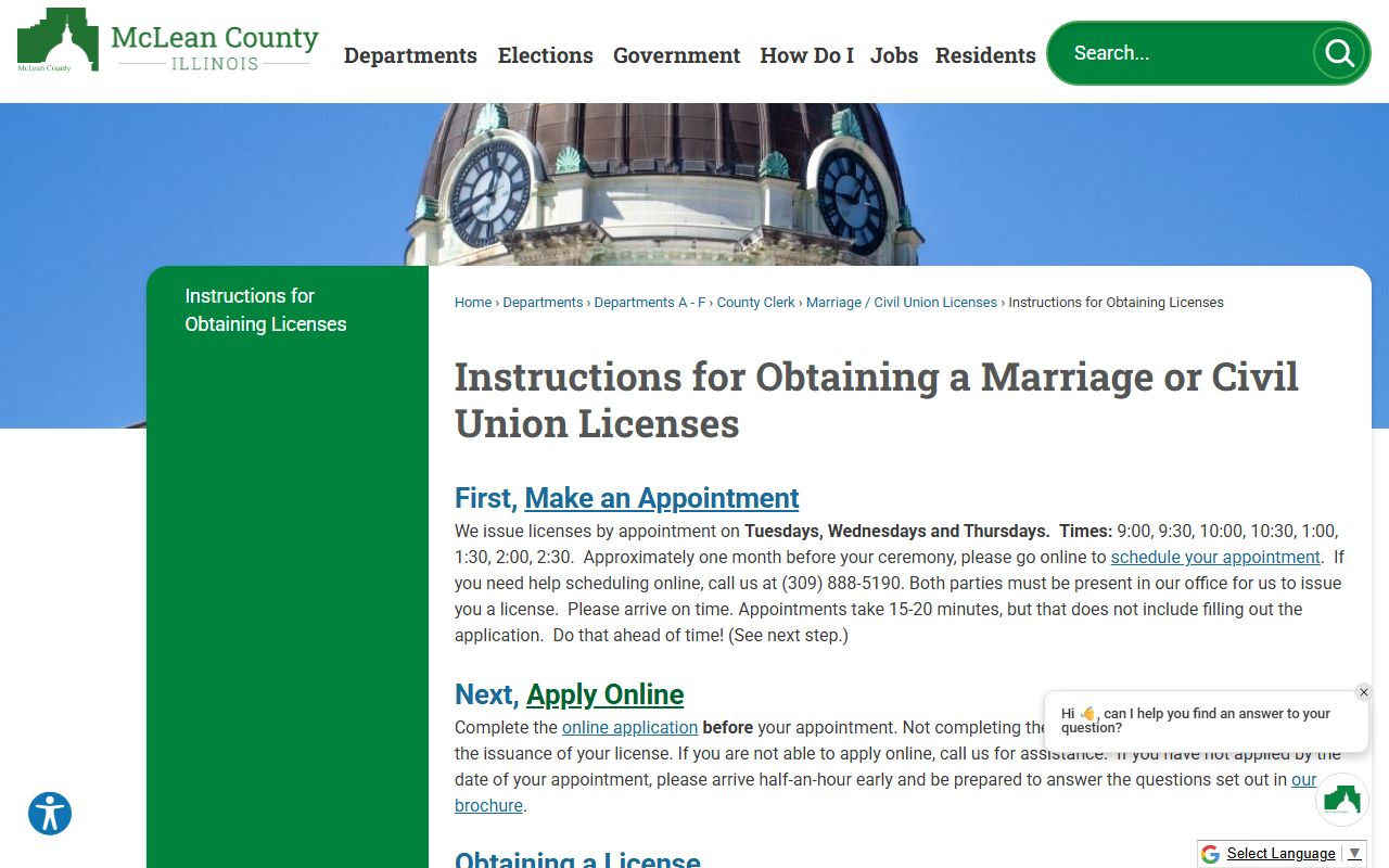 McLean County Clerk license instructions for marriage license applicants
