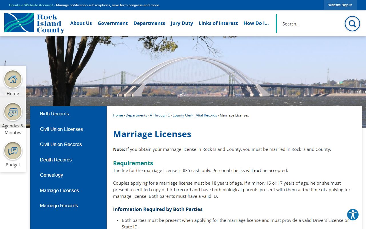 Rock Island County Clerk marriage license information page