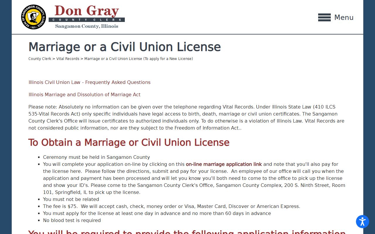 Sangamon County Clerk marriage license application page
