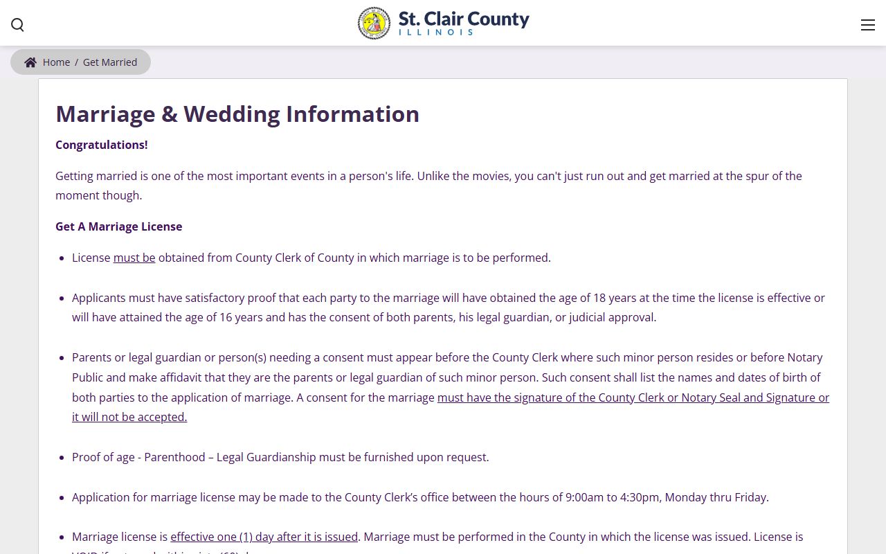 St. Clair County get married page for marriage license applications