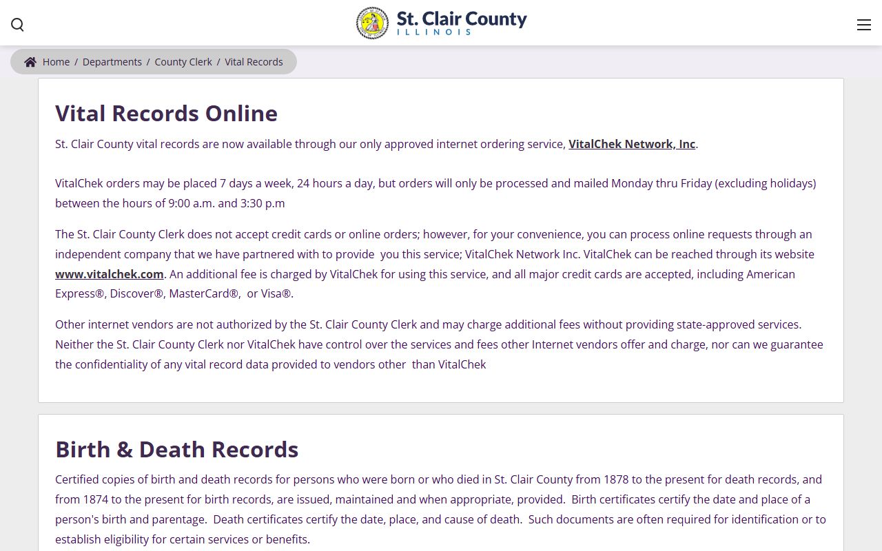 St. Clair County vital records page for marriage license copies
