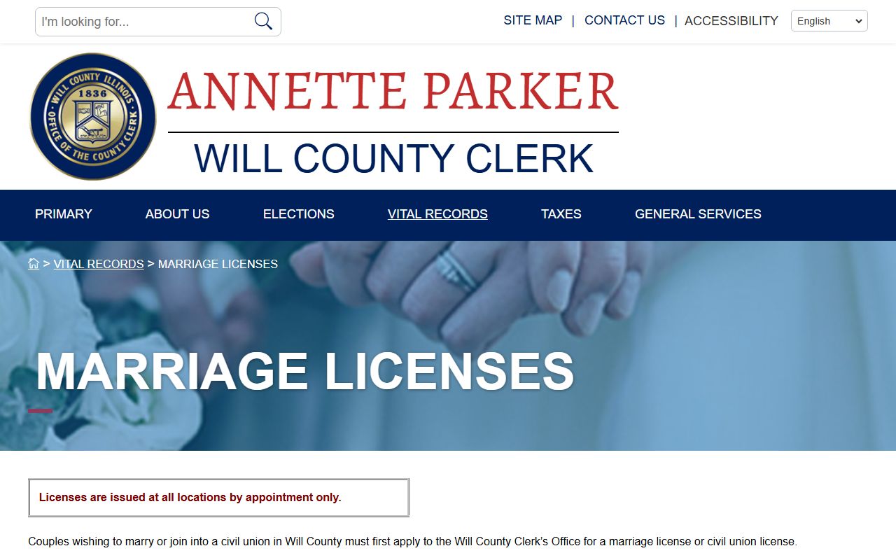 Will County Clerk marriage license page for Joliet applicants