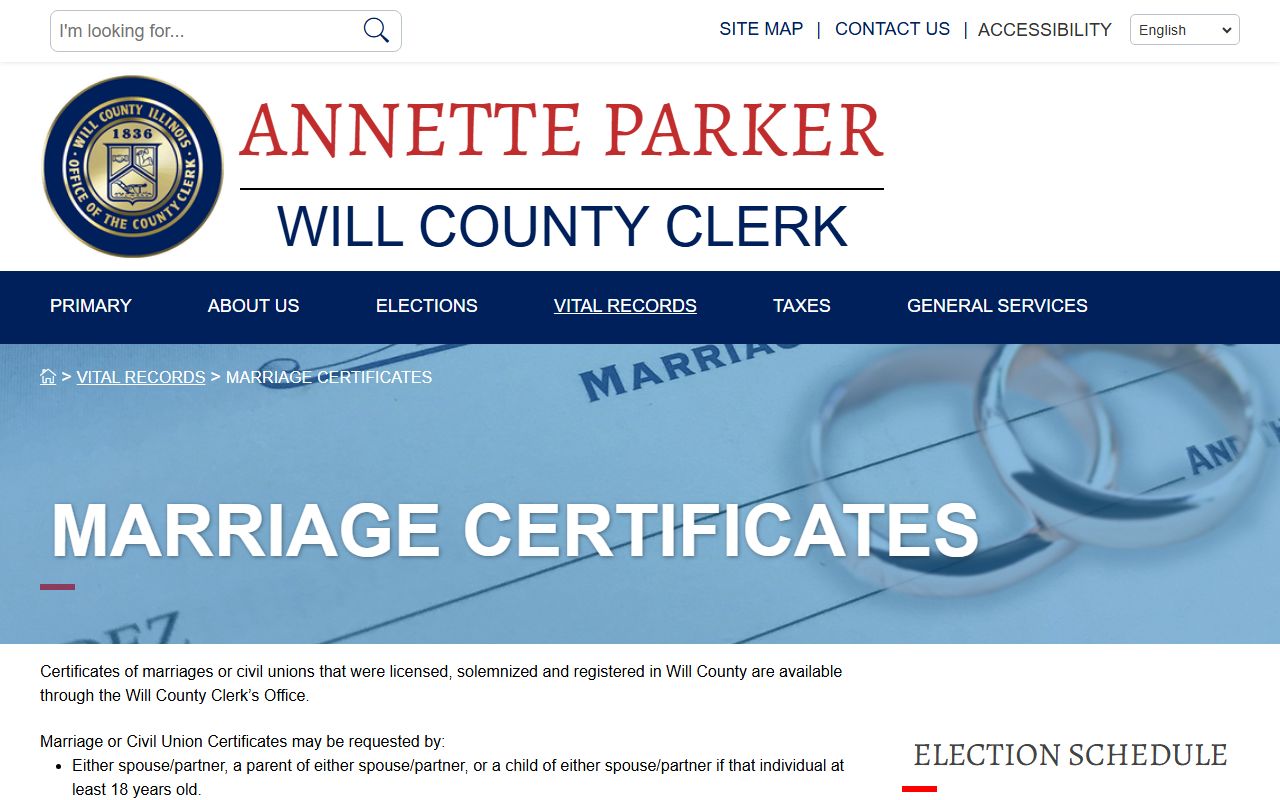 Will County Clerk marriage certificate information page