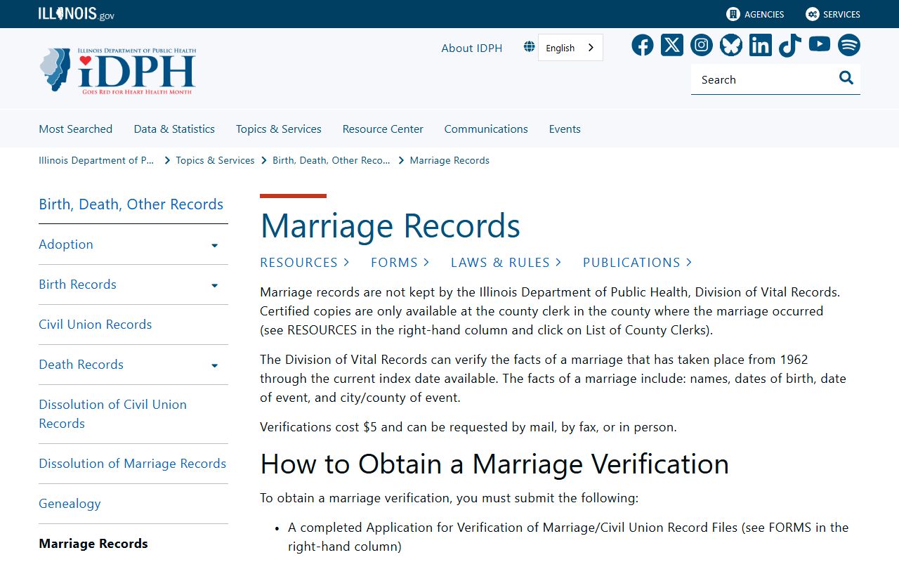 Illinois IDPH marriage license records main page